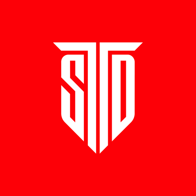 Weißes geometrisches TSD-Monogramm auf rotem Hintergrund — IZDGTL