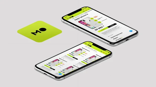Два смартфона и лаймовая карточка MO на сером фоне — ИЗДИДЖИТЛ