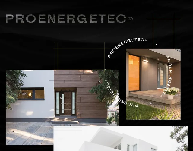 Коллаж фасадов и типографики Proenergetec на тёмном фоне — ИЗДИДЖИТЛ